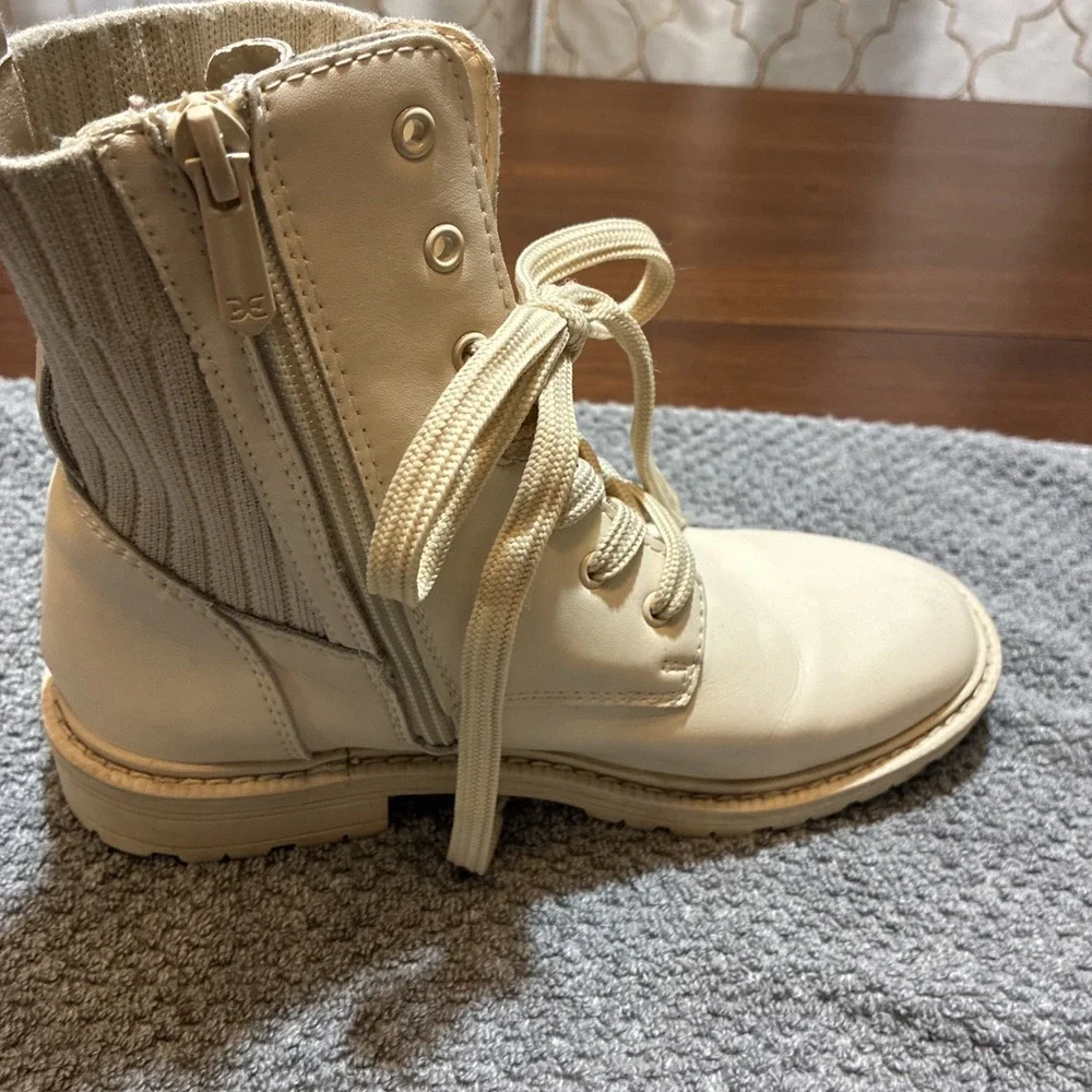 Sam Edelman Boots Girls Sz 3 Ivory Leather Combat Lug Sole Lace Up Zip
